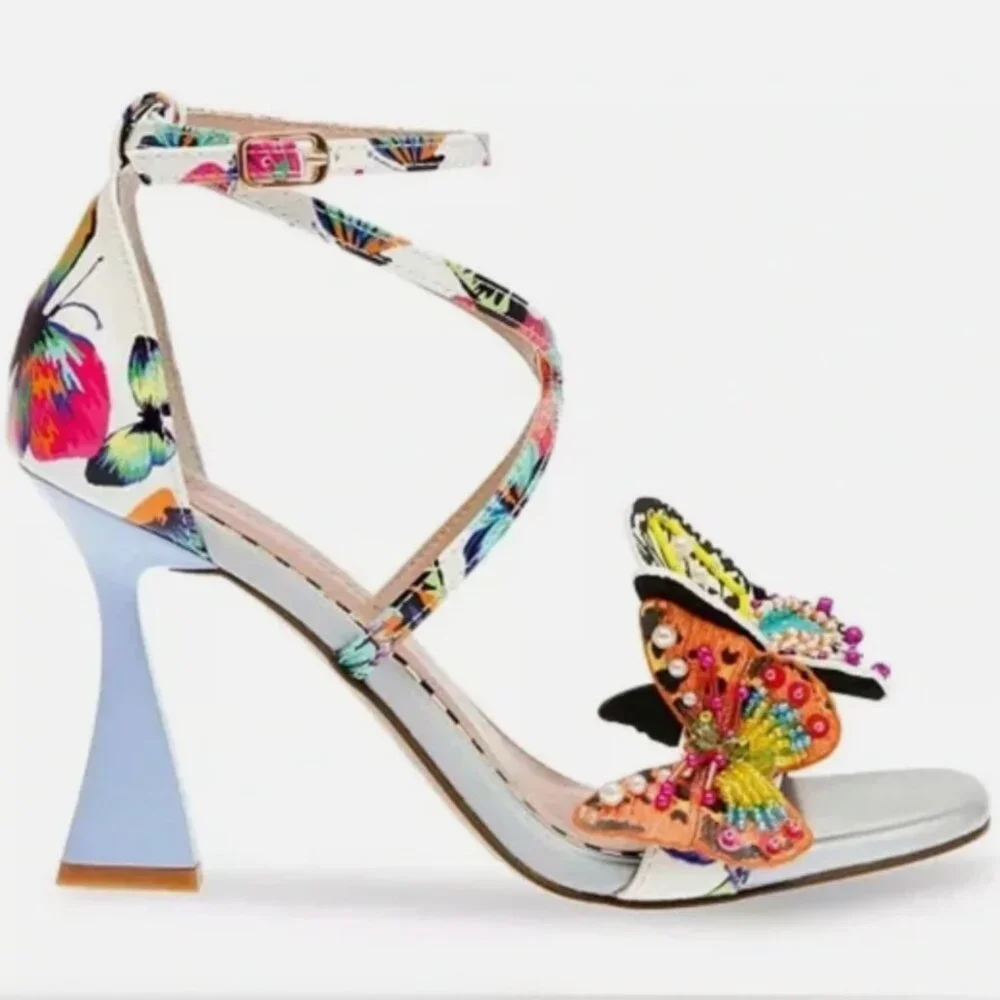 NEW BETSEY JOHNSON Trudie Beaded Butterfly Sandals Heels Size 7.5 Multicolor